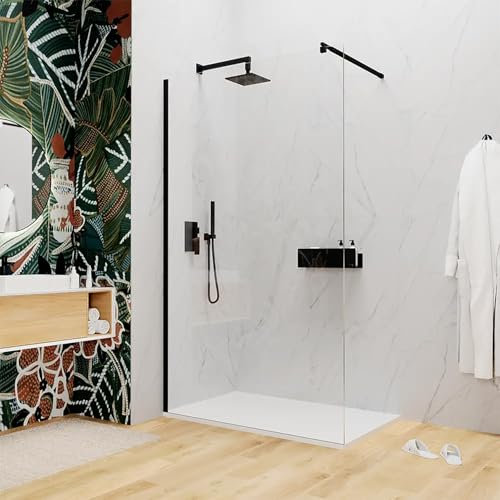 Parete doccia Walk In 70 cm Vetro Temperato 8mm Anticalcare Alluminio Nero Opaco Braccio Telescopico