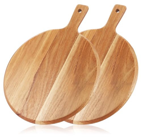 CYEER 2Pcs Pizza Board, 12 Inch Round Wooden Chopping Boards Wood Cutting Board with Handle, Cheese Board Bread Boards Food Serving Board for Pizza, Cheese, Fruits, Vegetables, Bread