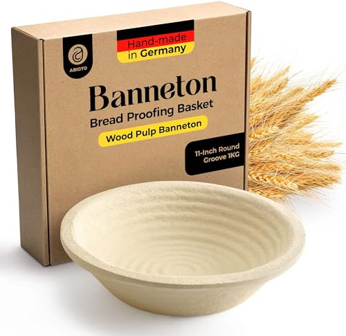 Wood Pulp Banneton Bread Proofing Basket – 11 Round 2.2LB Brotform, Grooved Pattern – Non-Stick Natural Wood Pulp Pressed for Durability – Made in Germany Proofing Baskets for Sourdough Bread Baking