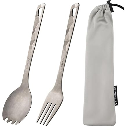 Thous Winds Titanium Spork and Fork Combo, Lightweight Camping Cutlery Set, Reusable Portable Outdoor Flatware for Backpacking Hiking Picnic, with Storage Bag