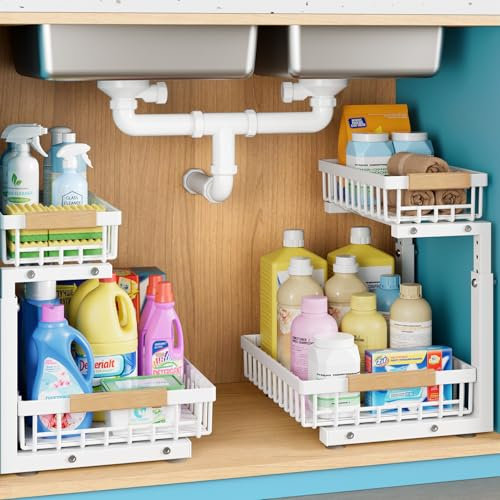 Under Sink Storage Metal 2 Packs, 2 Tier Under Sink Organiser- Upgraded 3.0 Version, Sliding Kitchen Storage & Organisation Multi-Purpose Pull Out Cupboard Organiser for Kitchen, Bathroom(White)
