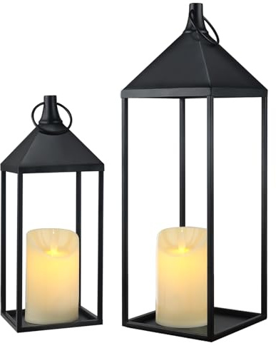 17 13 Modern Farmhouse Candle Lantern Decor Set of 2 Black Metal Candle Lanterns with Flameless Candles, Lanterns Decorative Indoor for Fireplace Mantle Table Outdoor Lanterns for Patio Porch Garden