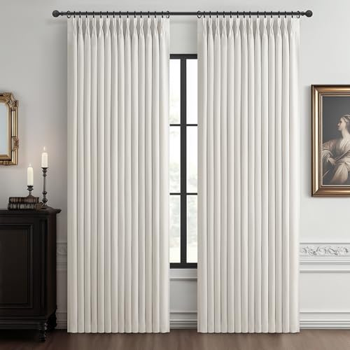 Pleat Viral Linen 90 Inch Blackout Curtains for Bedroom, Pinch Pleated Soundproof Privacy Farmhouse Window Drapes Decor with Hooks Neutral Beige White Nursery/Kids Room Darkening Burg 2 Panels Set