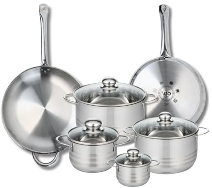 ELO 9884250 Batterie de cuisine 6 pièces, Ensemble de 2 Poêles de cuisson 28 et 32 cm et 4 faitouts 12, 16, 20 et 24 cm Elo Profi Brillant, inox, induction