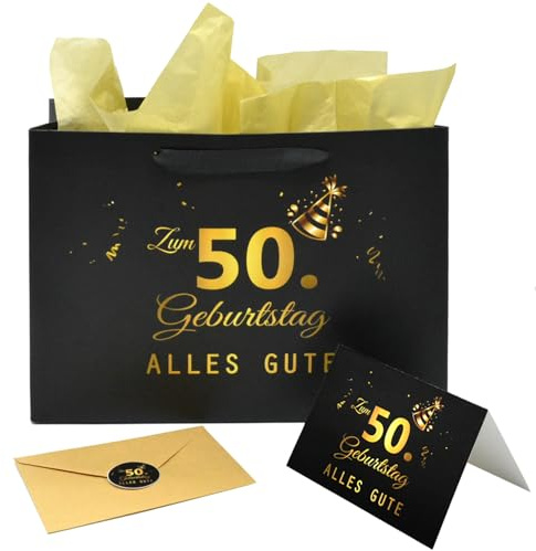 Geschenktüte 50 Geburtstag Geschenke Karte Umschlad Sticker Schwarz Geschenktasche mit Henkel Happy Birthday Tüte mit Seidenpapier für Frau Mann