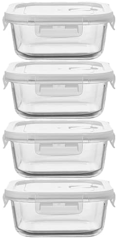 H.JSS WDJS 4 Pack Square Glass Food Storage Containers with Lids Airtight, 500ML Glass Meal Prep Container Set, Lunch Boxes for Food Leftovers, Microwave, Oven,Freezer and Dishwasher safe（white lids）