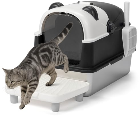 LEADZM Lettiera per gatti XXL, contenitore per lettiera chiuso, in acciaio inox, con coperchio rimovibile, paletta per lettiera e tappetino per pavimento, motivo Panda, colore: nero e bianco