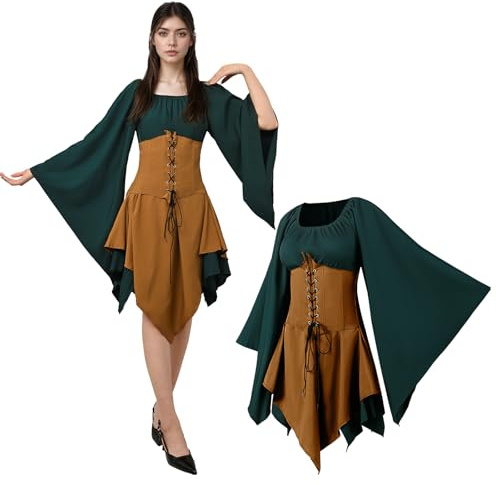 Vestido medieval para mujer con mangas de trompeta, vestido tradicional irlandés para mujer, disfraz de elfo renacentista, ropa gótica para carnaval, cosplay, fiesta de Halloween (marrón verde, S)