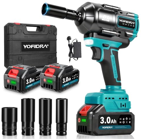 Yofidra 1100Nm Cordless Impact Wrench, 1/2 Brushless Wrench with 2×3.0Ah Batteries & Carry Box, LED Light, 3 Gears, Including 4 Sockets, Electric Rotary Impact Gun for Car, Truck, Workshop
