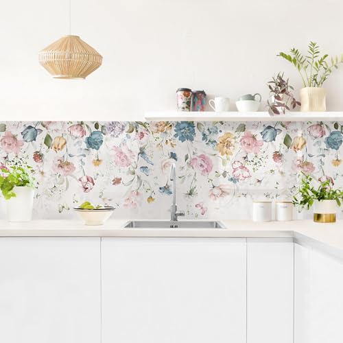 micasia Crédence de cuisine adhésive imperméable fleurs sans joint revêtement mural vrille film rigide mat pastel fond de hotte aquarelle 2311 (245x70cm)