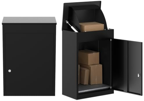 BELOFAY Wall Mounted Pre-assembled Parcel Box, Lockable Outdoor Parcel Delivery Box, Weatherproof Steel Drop Box with Flip Lid & Secure Front Door Access, Black, 30D x 50W x 75Hcm