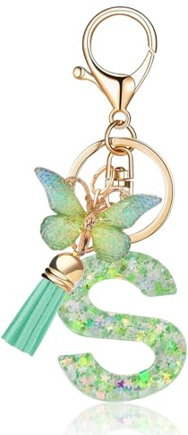 Porte-Clés pour Lettre, Porte Clés Initiale Personnalisé Femme, Papillon Porte-clé pour Fille Femme, Cadeau, Clef voiture, Décoration de Sac, Saison Scolaire(Vert S)