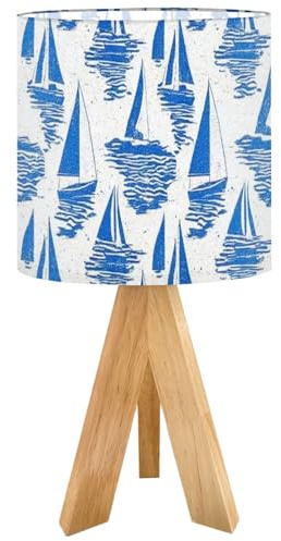 RAINFALLARING Blue Tripod Table LampBoho Coastal sail Boat Azure Ocean Boho Unique Border Bedside Lamps Small Lamp Nightstand Lamp with Linen Lampshade Table Lamps for Bedroom Livingroom Nursery
