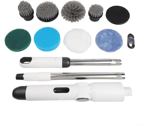 Besshepplo Brosse à récurer électrique sans fil avec manche télescopique réglable, deux vitesses, 8 têtes de brosse remplaçables, brosse de nettoyage électrique (blanc + orange)