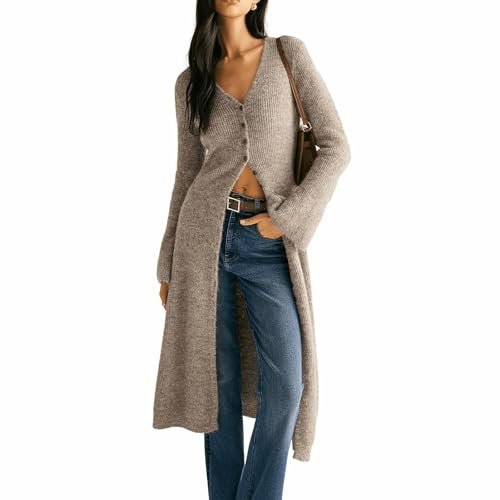 Womens V Neck Button Maxi Cardigan Bell Long Sleeve Open Front Split Breasted Sweater Dress(Medium) Khaki
