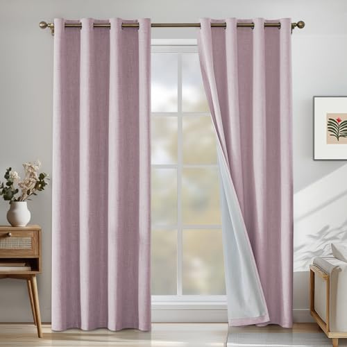 CYCMACO 100% Mörkläggningsgardiner 2 Stycken, 117x137cm, Linneeffekt, Värmeisolerade Interiörgardiner Med Ringar, Ljudabsorberande, Sovrumsgardin, För Vardagsrum, Rosa