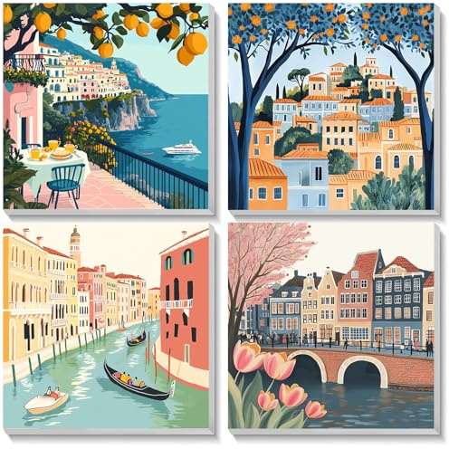 KEYIFA 4 Pack Paint by Numbers Kits for Adults Beginners, Paint by Numbers Framed on Canvas，DIY Landscape Architecture Craft Art Painting Kits for Children，Oil Painting Kits Home Wall Decor 8x8Inch