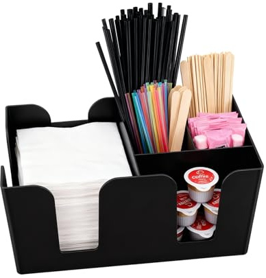 Commercial Cup and Lid Holder with Straw Organizer,Disposable Coffee Cup Condiment Dispenser for Countertop Org, Coffee Bar, Beverage Cup, Kitchen, Breakroom,Racks (Bar Caddy with 6 Compartments)