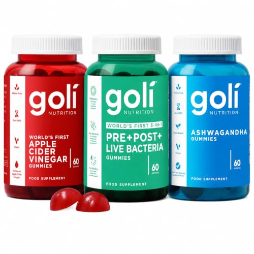 Goli Power Wellness Trio | Apple Cider Vinegar & Vitamin B12, World's First 3-in-1 Pre+Post+Live Bacteria, Ashwagandha & Vitamin D | Gluten-Free, Vegan, Non-GMO | 180 Gummies