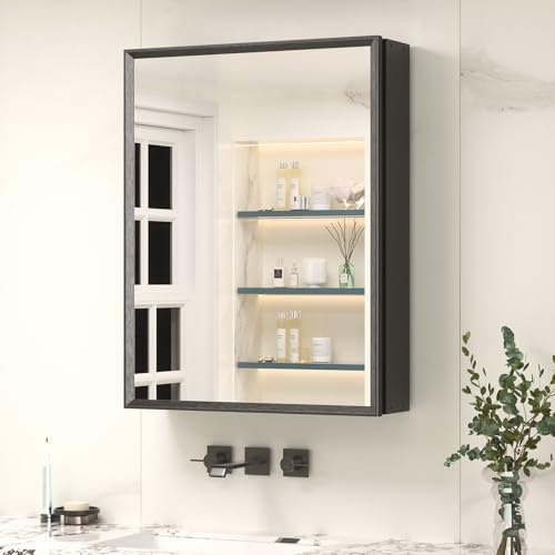 Keonjinn Spiegelschrank Bad 50x65cm, Montage Erforderlich, Schwarz Aluminiumrahmen Badezimmerschrank mit Spiegel und Verstellbares Ablage, Wandschrank, Hängeschrank, Badspiegel Eintürig