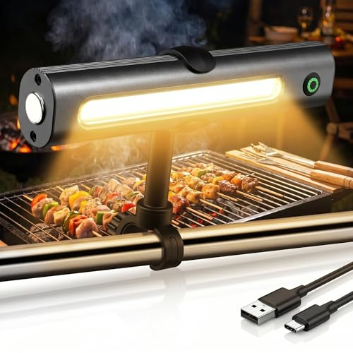 MQFORU Lampe à gril LED 300 lumens, rechargeable USB-C 2000mAh, lampe à gril pivotante à 360° avec support, lampe à gril magnétique, éclairage à gril en acier inoxydable pour barbecue