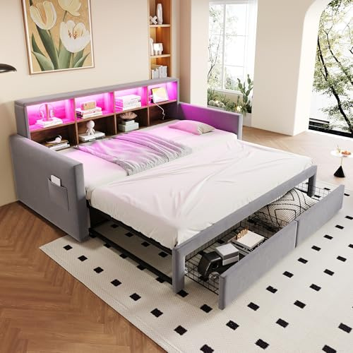 YAIXBNG Utdragbar klädselsäng, bäddsoffa, 90/180 x 190 cm, huvudgavel med integrerade förvaringsfack, LED-ljuslist och laddningsuttag, med två lådor och ribbotten, sammetstyg, ljusgrå