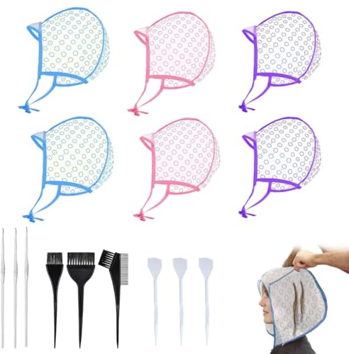 15 Piezas Kit Capuchas de mechas, Gorro mechas resaltado Cabello Capuchas Ajustables EVA PE con Agujas y cepillos Accesorios Tinte Pelo para Uso doméstico y salón Profesional