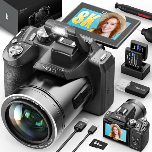 Fotocamera digitale 8K 64MP per fotografia, zoom 16X Autofocus, WiFi, schermo flip 180°, con scheda TF 64G e 2 batterie, fotocamera professionale per YouTube Vlogging Live Streaming (nero)