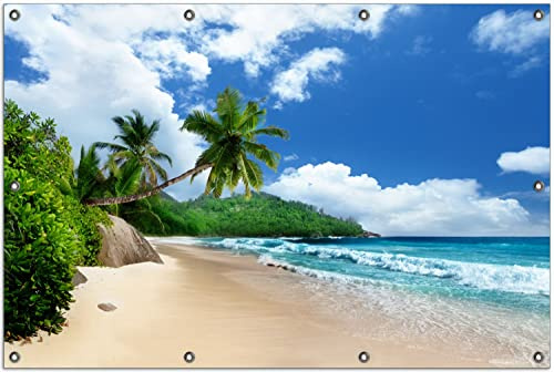 Wallario Outdoor-Poster für Garten oder Balkon Urlaub auf den Seychellen unter Palmen am Sandstrand, Motivbanner Größe: ca. 100 x 150 cm, Outdoor-Bild