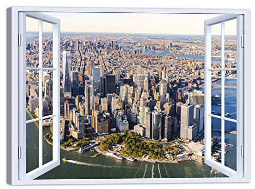 LuxHomeDecor Quadro Finestra New York 100x75 cm Stampa su Tela con Telaio in Legno Arredamento Arte Arredo Moderno