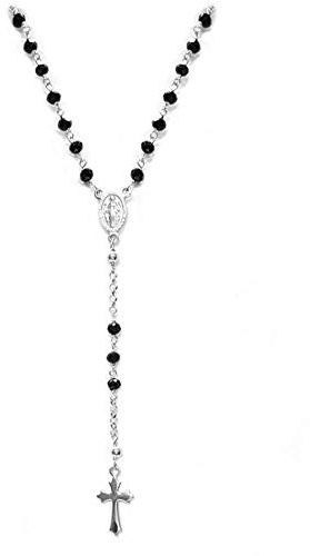 Linea Italia Gioielli -Frauen-Rosenkranz-Halskette aus 925er Silber mit schwarzen Steinen, Kreuz und Medaille der Jungfrau Maria - Schmuck “Made in Italy” zertifiziert