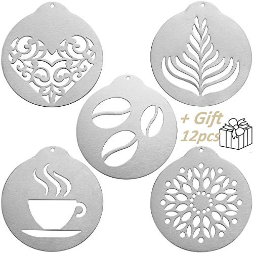 JENNIMER 5Pcs Coffee Stencils, Stainless Steel Printing with 1Pcs 5inch Expander,Barista Cappuccino Arts Garland Mould Cake DIY Decorating Tool for Kitchen and Store