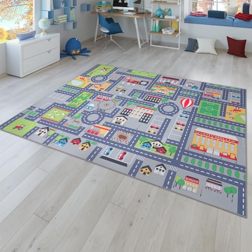 TT Home Tappeto da gioco per la camera dei bambini con motivo di strade e auto, in grigio, Dimensione:80x150 cm