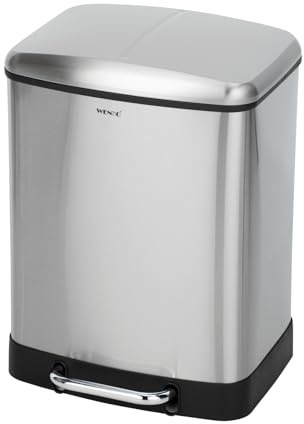 WENKO Abfalleimer Studio Easy-Close, 2 x 12 Liter Innenbehälter, 2 Fach-Mülltrenner und Absenkautomatik, Tretfunktion, rostfreier Edelstahl, Anti-Finger-Print Beschichtung, 37 x 50 x 34 cm, mattiert