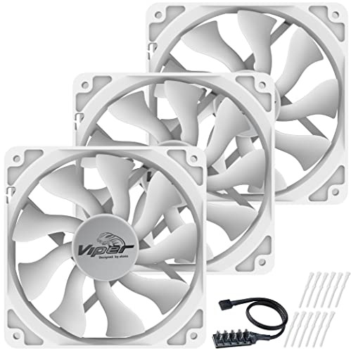Akasa 120mm weiße Viper-Lüfter | Hydrodynamisches Kugellager | PWM Automatische Drehzahlsteuerung | Inklusive PWM Splitter Hub und Gummi Lüfterbefestigung | 3 Pack | AK-FN065-WKT03