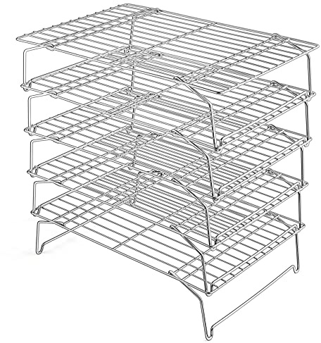 15IN x 10IN Cooling Baking Rack Set of 5, Leonyo 5-Tier Stackable Stainless Steel Wire Baking Cooking Racks Set for Cookie, Pizza, Cup Cake, Raised & Folding Feet