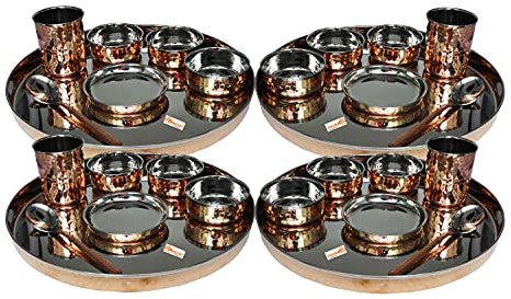 Indian dinnerware 25-Piece Set Stainless Steel Copper Traditional Dinner Set of thali Plate, Bowls, Tumbler and Spoon, Diameter 13 inch