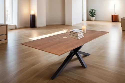 SAM Esstisch Abby 160x85 cm Akazie nussbaum Schweizer Kante Spider schwarz | massiver Holztisch, Akazienholz nussbaumfarben, 26 mm Tischplatte, Metallgestell, Esszimmertisch