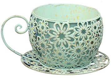 KOSTING Vintage Metal Iron Coffee Cup Flower Pots,Coffee Saucer Tea Cup Garden Plant Holder, Hollow Floral Design and the Matching Saucer,for Indoor Outdoor Planters Home Garden Decor (Color : green)