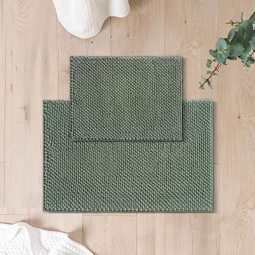 FRESHMINT Chenille Bathroom Rugs 2 Piece Set - Non-Slip Water Absorbent 17x24+20x32+ Bath Mats, Sage Green