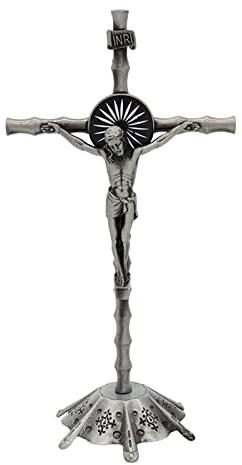 Milageto Estatua de Cruz, Estatua de crucifijo, Adorno de Mesa de Metal, crucifijo de pie en Miniatura con Base, Cruz de Pared para Estante de Sala de Estar de, Retro Plata