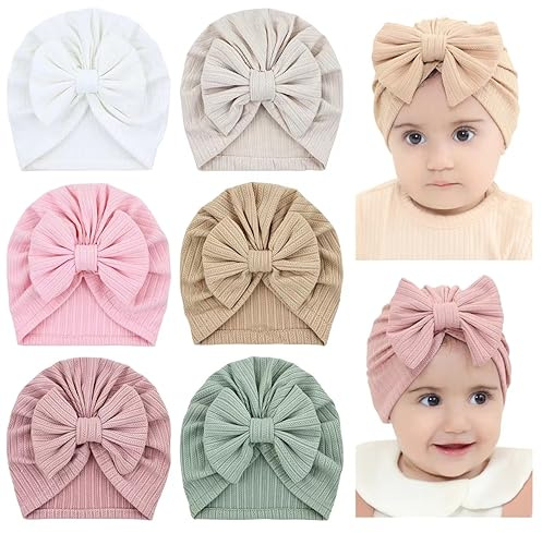 Cinaci 6 Pieces Super Stretchy Soft Baby Girl Turban Hats with Bow Knot Cute Newborn Nursery Hospital Caps Bonnets Beanies Headwraps for Baby Boys Girls Infants Toddlers