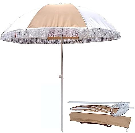 Sonnenschirm Ø 200 cm, Strandschirm mit Fransen, UV-Schutz Tragbarer Gartenschirm, Höhenverstellbarer Sonnenschirm Balkon, Tragetasche