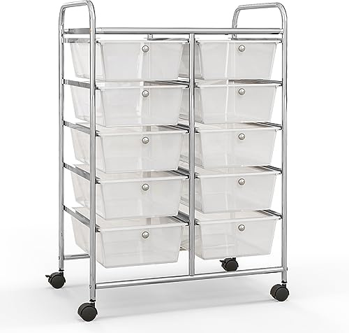 KOMFOTTEU Carro con Cajones Apilables (Transparente, 10 Cajones) | Carrito Auxiliar con Ruedas de Bloqueo, Carrito Organizador con Estructura Metálica, para Oficina, Baño, Salón