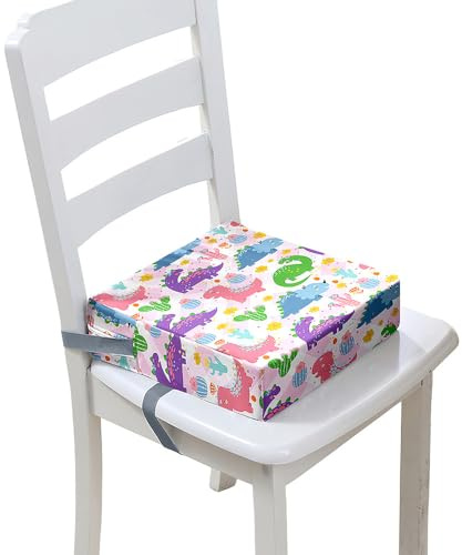 FANSU Kinder Sitzkissen Sitzerhöhung Stuhl, Karikatur Dinosaurier Druck Baby Kind Sitzkissen Quadrat Zerlegbar Kleinkinder Esszimmerstuhl ErhöHen Pad Esszimmer Boostersitze (40x40x10cm,Rosa)