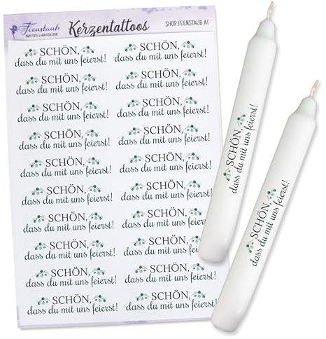 FEENSTAUB Kerzen Tattoos Hochzeit, Kerzen verzieren, Hochzeitsdeko Eukalyptus, Kerzen selbst gestalten, Aufkleber für Kerzen, Stabkerzen Tattoo, Give-aways basteln, Gastgeschenke Hochzeit