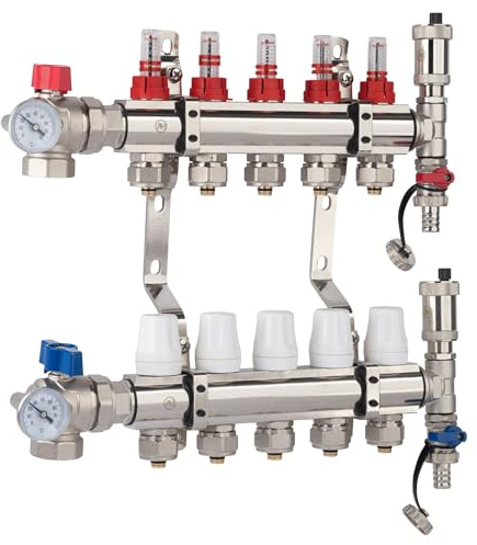 AQUA HEATING Heizkreisverteiler 5 Heizkreise, Messing verchromt, 10 Bar | Fußbodenheizung Verteiler Set, Winkelventil, PEX Verbinder, für Fußbodenheizungskreise, Messing verchromt
