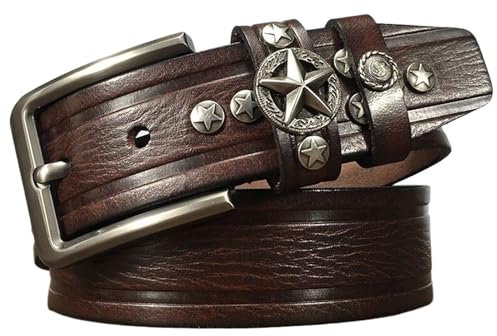 JIARY Herren-Gürtel Nietengürtel, Ledergürtel Herren Punk Lässiger Verstellbarer Western Motorrad Echtledergürtel Vintage mit Dornschließegürtel aus Legierung,Braun,115CM/45.3''