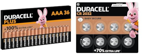 Duracell Batterie Plus AAA(pacco da 36) - Alcalina 1.5V - Fino al 100% di extra durata & Batterie a moneta al litio da 3 V Duracell CR2032 (confezione da 8)
