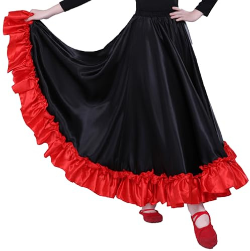 Yhong Falda de baile para niña, falda larga de flamenco midi con cintura elástica, falda tradicional de swing falda moderna tango vals ropa de baile etapa rendimiento, 180 Grados Negro, 122-128